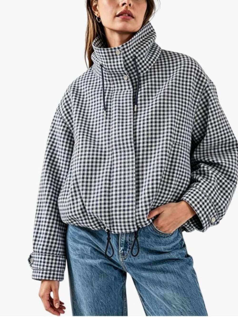 Women Gingham Zipper Bomber Jacket Stand Collar Long Sleeve Jacket Cropped Outwe